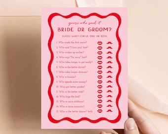 Retro Bachelorette Games, He Said She Said Game, Guess Who Said It Bride or Groom, Pink and Red Hen Party Games, Wavy Bridal Shower Games 22