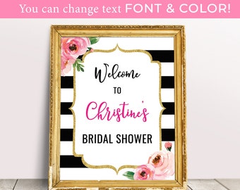 Kate Bridal Shower Welcome Sign, Spade Inspired Sign, Black and White Striped Welcome Sign, Floral Bridal Shower Sign, Engagement Decor