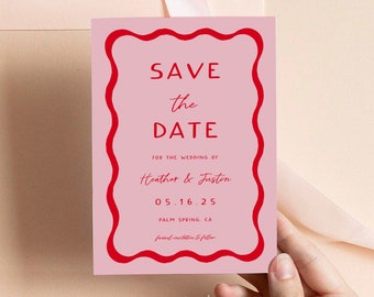 Pink and Red Save The Date Templates, Retro Save The Date Cards, Wave Invitations, Wavy Squiggle Invitations Template, 70s Wedding Invites22