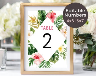 Tropical Table Numbers Template, DIY Table Numbers Editable, Tropical Party Decor, Tropical Wedding Printable, Hawaiian Wedding 4x6, 5x7