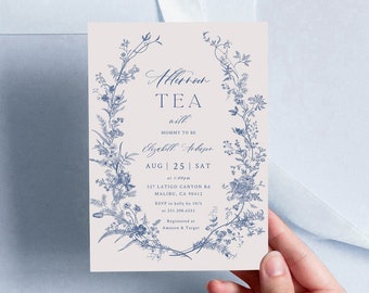 Baby Shower Tea Party Invitation Templates, Vintage Floral, Dusty Blue Baby Shower Invitations, Time For Tea, Tea With Mommy To Be 14