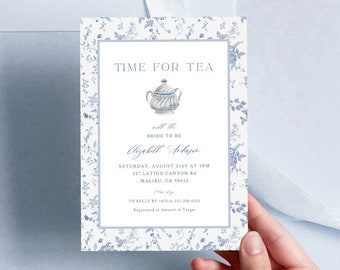 Plantillas de invitación para despedida de soltera, diseño floral vintage, invitaciones para despedida de soltera en azul polvoriento, hora del té, té con la futura novia (14)