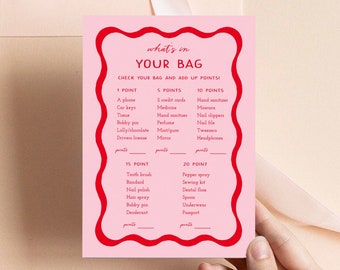 Retro Bachelorette Party Games, What's In Your Bag, Bridal Shower Games , Pink and Red Hen Party Games, Wedding Shower Games 70s Wavy 22