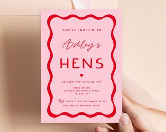 Pink and Red Hen Party Invitation Templates, Retro Hen Party Invites, Wave, Wavy Hens Invitations, Squiggle Invitation, Hens Night 22