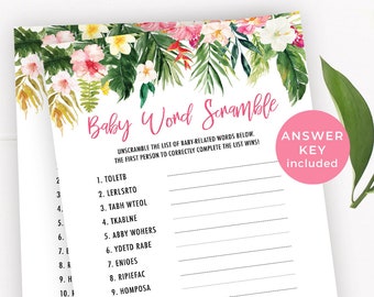 Tropical Baby Shower Word Scramble, Luau Baby Shower Game Printable, Hawaiian Baby Shower Instant Download, Gender Neutral Baby Shower Games