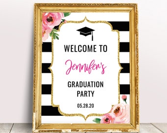 Floral Graduation Welcome Sign Template, Graduation Poster, Black and White Graduation Party Decorations, College Grad Party Sign Printable