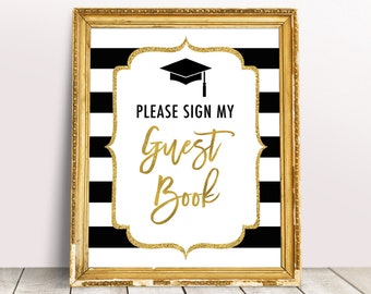 Cartel del libro de visitas de graduación, Decoración de la fiesta de graduación negra y dorada, Letreros imprimibles de graduación, Graduación universitaria, Ideas para fiestas de graduación