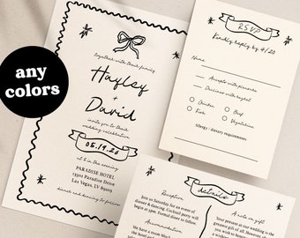 Hand Drawn Wedding Invitation Suite Templates, Double-Sided, Whimsical, Fun Wedding Invitations Set, Squiggle, Quirky, Editable019