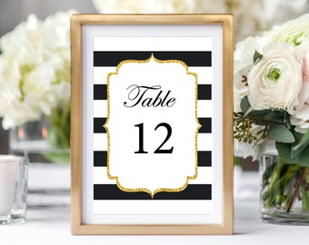 Table Number Template, Black and Gold Party Decor, DIY Table Numbers, Party Table Numbers, Stripes Table Card Editable Template 4x6, 5x7