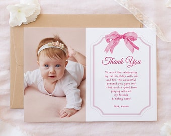 Pink Bow Birthday Thank You Card Template, Fancy One Birthday, 1st Birthday Thank You Cards, Photo Thank You Cards, Coquette Pink Editable