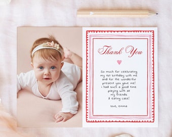 Little Sweetheart Photo Thank You Card Template, Girl Birthday Thank You, Valentine's 1st Birthday Party Templates, Pink and Red Birthday