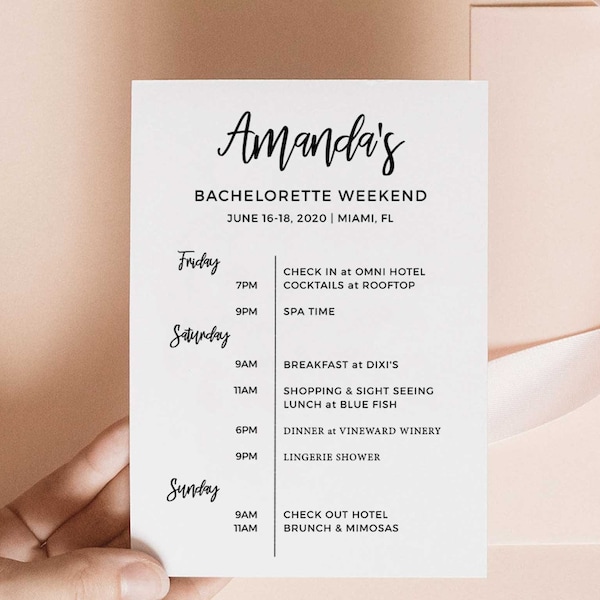 Bachelorette Itinerary Template, Printable Bachelorette Weekend Itinerary, Weekend Timeline, Hen Party Itinerary, Editable, DIY