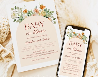 Baby In Bloom Invitation Template, Spring Floral Baby Shower Evite, Boho Flowers Girl Baby Shower Digital, Florals Baby Shower Invite 11