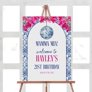 Plantilla de letrero de bienvenida de cumpleaños con temática de Mamma Mia, letreros para fiesta de 30 cumpleaños, fiesta en Grecia, cumpleaños de la Reina del Baile, Honey Honey, Mediterráneo