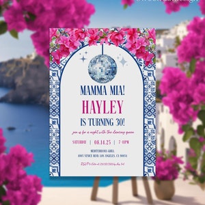 Sjabloon Mamma Mia-thema verjaardagsuitnodiging, 30e verjaardag uitnodigen, Griekenland feest, dansende koningin verjaardag, honing, mediterraan feest