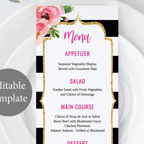 5x7 Menu Template Black and White Stripe Menu Printable Etsy