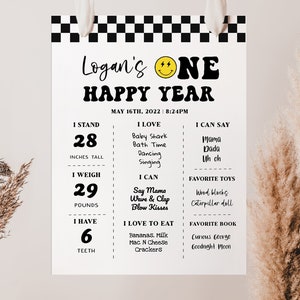 Letrero de cumpleaños para un niño feliz, decoraciones para fiesta de primer cumpleaños con cara sonriente, póster de cumpleaños para un niño feliz, editable