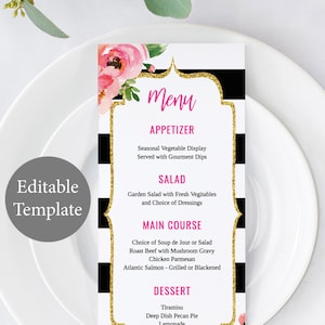 Szablon menu Kate, czarno-białe menu w paski, menu na wieczór panieński Spade, edytowalne menu, drukowane menu, kwiatowe karty menu DIY, przyjęcie Kate