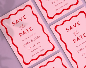 Retro Save The Date Templates, Pink and Red Wedding Save The Date Cards DIY Wave Invitations, Wavy Squiggle Wedding Template, 70s Wedding 22