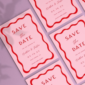 Retro Save The Date Vorlagen, Rosa und Rot Hochzeit Save The Date Karten DIY Wellen Einladungen, Wellenförmige Squiggle Hochzeitsvorlage, 70er Hochzeit 22