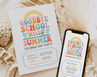 Pode incluir: Um convite colorido para uma festa de celebração de "Adeus à escola, olá verão". O convite apresenta um sol, palmeiras e o texto "Adeus à escola, olá verão" em uma fonte arco-íris. O convite inclui a data, a hora e o local da festa, bem como um contato para RSVP.