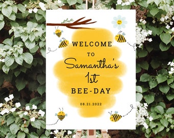 Bee 1st Birthday Welcome Sign Template, First Bee Day Decorations, Bumble Bee Party Welcome Poster, Honey Bee Birthday Decorations, 003