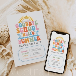 Puede incluir: Una invitación colorida para una fiesta de celebración de "Adiós a la escuela, hola verano". La invitación presenta un sol, palmeras y el texto "Adiós a la escuela, hola verano" en una fuente arcoíris. La invitación incluye la fecha, la hora y la ubicación de la fiesta, así como un contacto para RSVP.