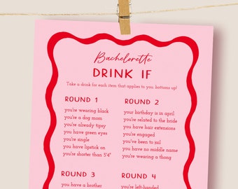 Retro Bachelorette Games, Drink If Games, Pink and Red Hen Party Games, Drinking Games, Drink If Card, 70s Wavy Bridal Shower Games 22