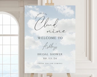 On Cloud Nine Bridal Shower Welcome Sign Template, Bride Is On Cloud 9, Cloud Nine Decoration, Printable, Cloud 9 Bridal Shower Signs, Blue