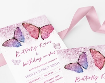 Butterfly 1st Birthday Invitation, Butterfly Kisses and Birthday Wishes, Girl 1st Birthday Party, Butterfly Party, Pink Butterfly Invite 09