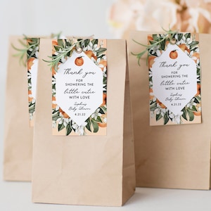 Etiquetas de favor Cutie, plantilla de etiquetas de baby shower Little Cutie, etiquetas de favor de baby shower de cítricos, etiquetas de regalo imprimibles, género neutro mandarino