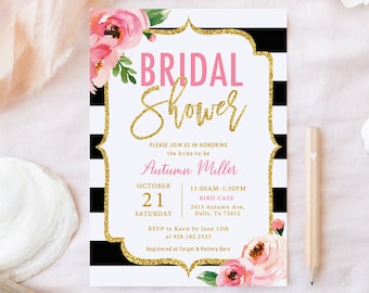 Floral Brautparty Einladung Vorlage, Kate Brautparty einladen Schwarz-Weiß-Streifen-Einladung, Spaten inspiriert Brautparty Templett