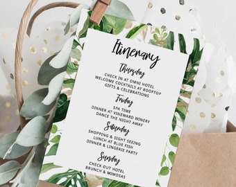 Itinerary for Wedding, Greenery Itinerary Template, Destination Wedding Itinerary, Tropical Bachelorette Weekend Itinerary Printable