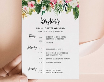 Tropical Bachelorette Itinerary Template, Han Party Itinerary, Bachelorette Party Itinerary Beach, Bachelorette Weekend Itinerary Printable