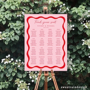 Pink and Red Seating Chart Template, Retro Wedding Seating Plan, Wavy Edge Find Your Seat Sign, Squiggle, 70s Wedding, Fun Seating Chart 22