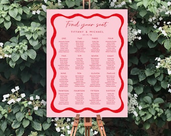 Pink and Red Seating Chart Template, Retro Wedding Seating Plan, Wavy Edge Find Your Seat Sign, Squiggle, 70s Wedding, Fun Seating Chart 22