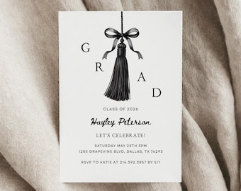Black Bow Graduation Announcement Template, Class of 2026 Graduate Invite, Tassel Graduation Party Invite, Bow Grad Party, Editable Canva