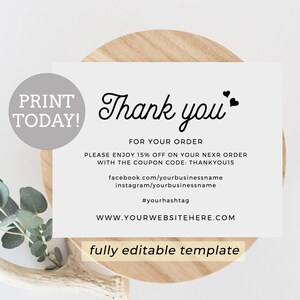 Zakelijke bedankkaart bewerkbare sjabloon, Etsy verkoper bedankkaart afdrukbaar, kleine zakelijke verpakking voegt DIY online winkel bedankt in
