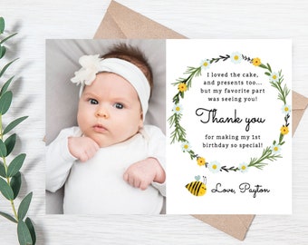 Bumble Bee Thank You Cards, Bee Themed Birthday Thank You Note, First Birthday Thank You, Bumble Bee Party Photo Thank You Card 003