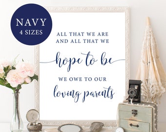 Navy Wedding Sign, All That We Are And All That We Hope to Be We Owe to Our Loving Parents, Gifts For Parents On Wedding Day, Parents Sign