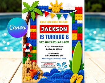 Building Block Birthday Invitation, Summer Birthday Party, Pool Party, Canva Template, Editable Building Brick Birthday Invite