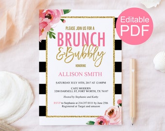 Brunch and Bubbly Invitation Template, Kate Bridal Shower Invite, DIY Bridal Brunch Invitation, Black and White, Floral, Editable PDF