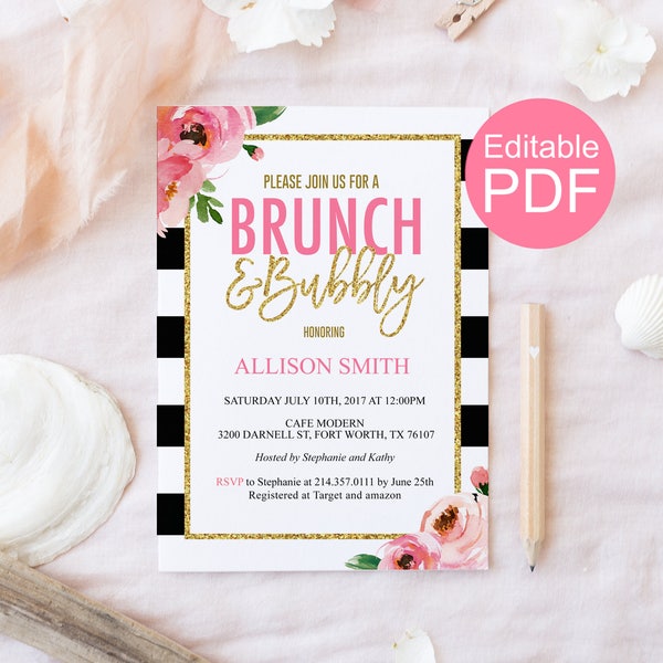 Brunch and Bubbly Invitation Template, Kate Bridal Shower Invite, DIY Bridal Brunch Invitation, Black and White, Floral, Editable PDF