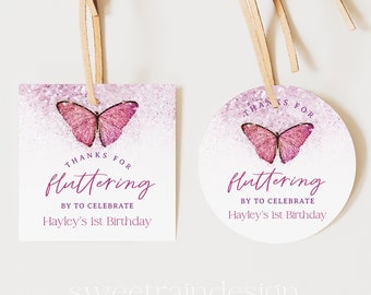Butterfly 1st Birthday Thank You Tags, Girl 1st Birthday Party Decorations, Butterfly Birthday Favor Tags, Pink Butterfly Party Tags  09