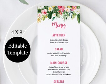 May include: A printable 4x9 inch menu template with a floral design. The menu includes sections for appetizer, salad, main course, and dessert. The text is in pink and black.