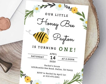 Bee Birthday Invitation Template Little Honey Bee 1st Birthday Invite Bee Themed Birthday First Birthday Bumble Bee Party Editable 003