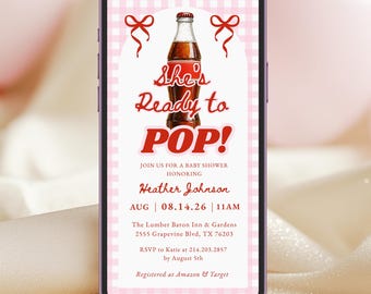 She's Ready to Pop E-Vite, Canva Template, About to Pop Baby Shower Invitation Digital, Retro, Cola, Soda Pop Invite, Girl Baby Shower Evite