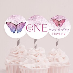 Butterfly 1st Birthday Cupcake Toppers, Girl 1st Birthday Party Decorations, Butterfly Birthday Cupcake Toppers, Pink Butterfly  09