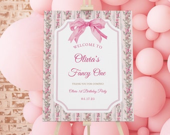 Pink Bow Fancy One Birthday Welcome Sign Template, Girl 1st Birthday Signs, Coquette, Blush Pink Birthday Decorations, Welcome Poster DIY