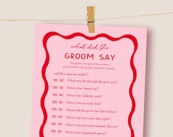 Retro Bachelorette Games, What Did The Groom Say Editable Template, Bridal Shower Games, Pink and Red Hen Party Games, About His Bride 22